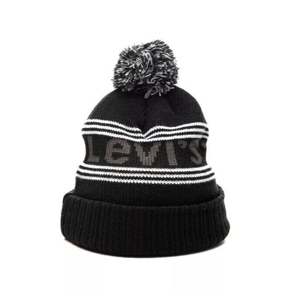 LEVI'S Kids' Boys Stacks Pompom Beanie Hat In  Black NWT - Picture 2 of 2